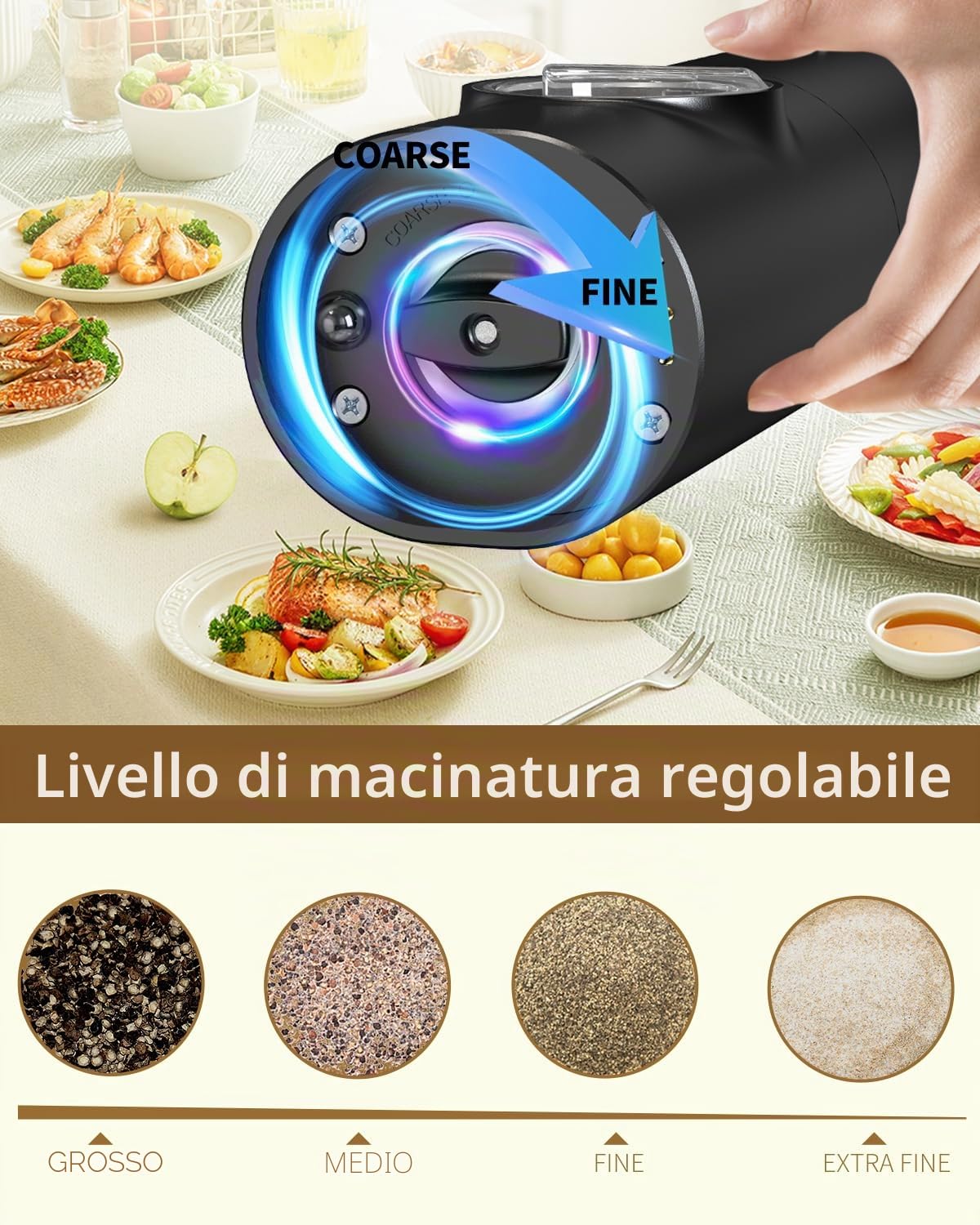 CIRCLE JOY Set Macina Sale e Pepe Elettrico a Batteria Macinaspezie con Base, Luce LED Bianca e Rugosità Regolabile, Bianco Nero