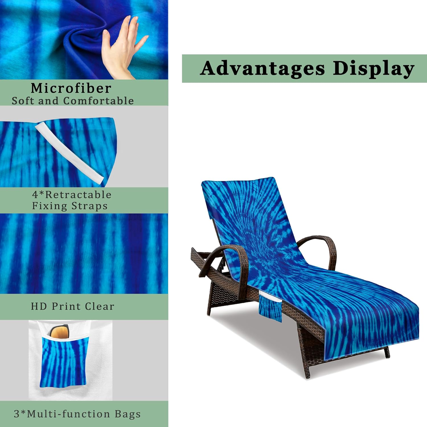 Lounge Chair Towel Cover, Beach Chair Cover (Pack of 2), Pool Lounge Chair Covers for Outdoor,Garden, Beach,Sun Lounger,Hotel Pool,Large Size and No Sliding, 85" X 30", Blue Tie Dye