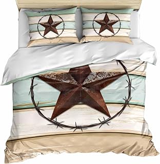 California King Duvet Cover with 2 Pillowcases, Beige Sage Green Texas Star Bedding Set California King with Zipper Closure, Vintage Stars Wooden Microfiber 3 Pieces Duvet Cover Sets