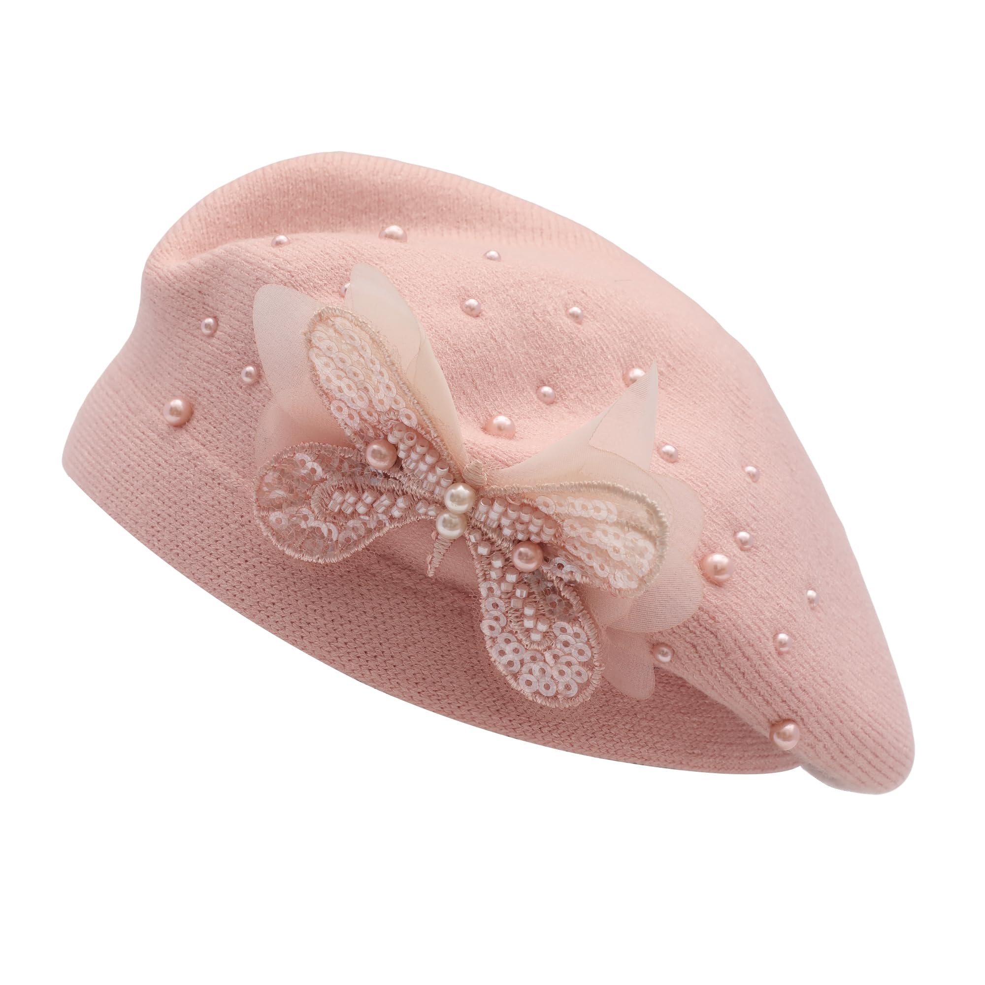 ZLYC Kids Beret Hat Girls Solid Color Knitted Floral Artist French Hat(Butterfly Pink),One Size