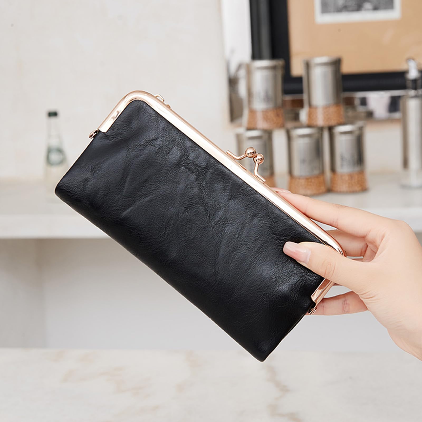 Carteras para mujer, grande, compacta, plegable, de cuero, vintage, con cierre de cremallera, monederos de mano para mujer, Negro -, Retro Vintage
