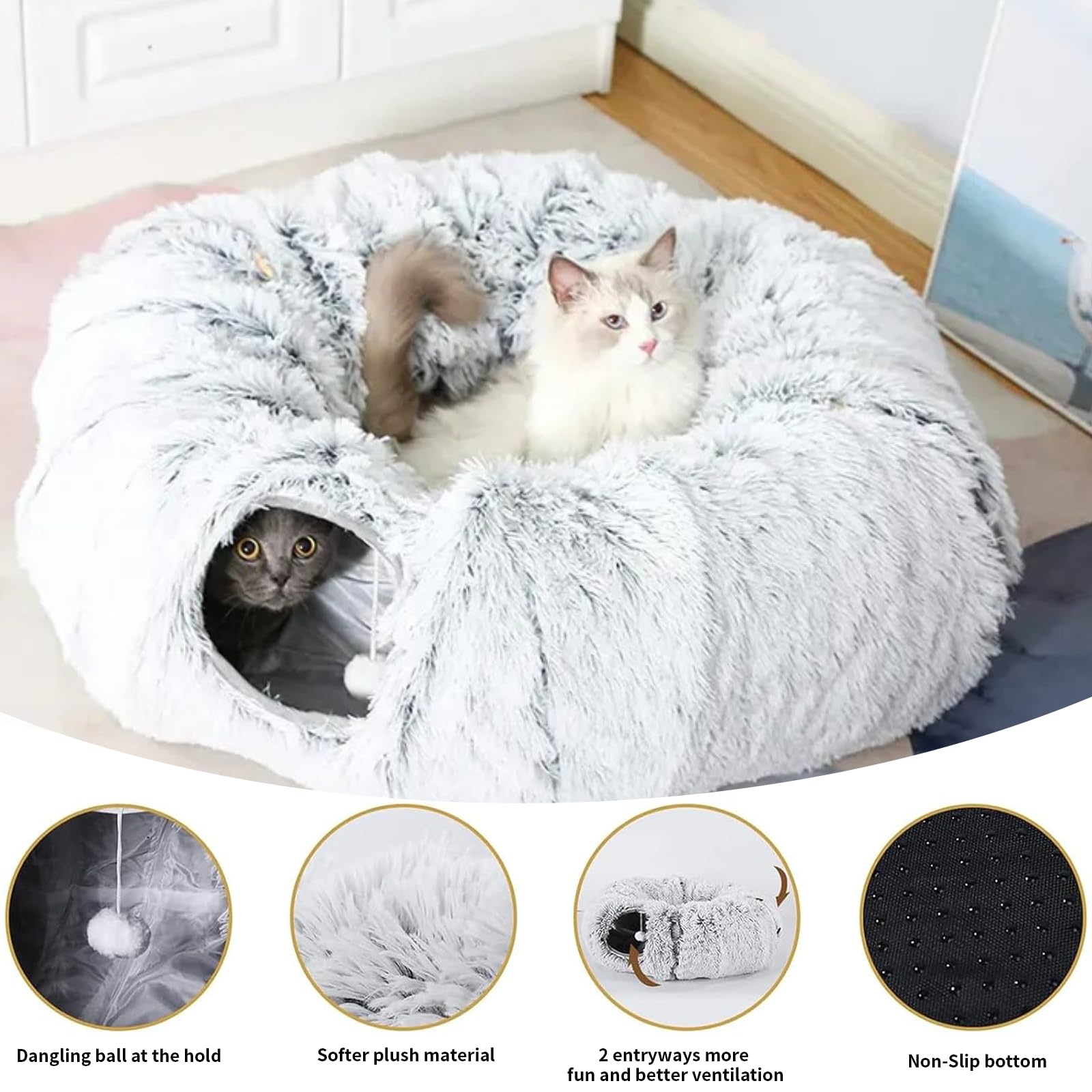 Katzentunnel, Tunnel für Katzen Rund mit Schlafplatz & Bed,Multifunktionales Faltbar Katzen Tunnel Katzenhöhle mit Spielball Interaktives Spielzeug für Indoor Kitten (Grau)
