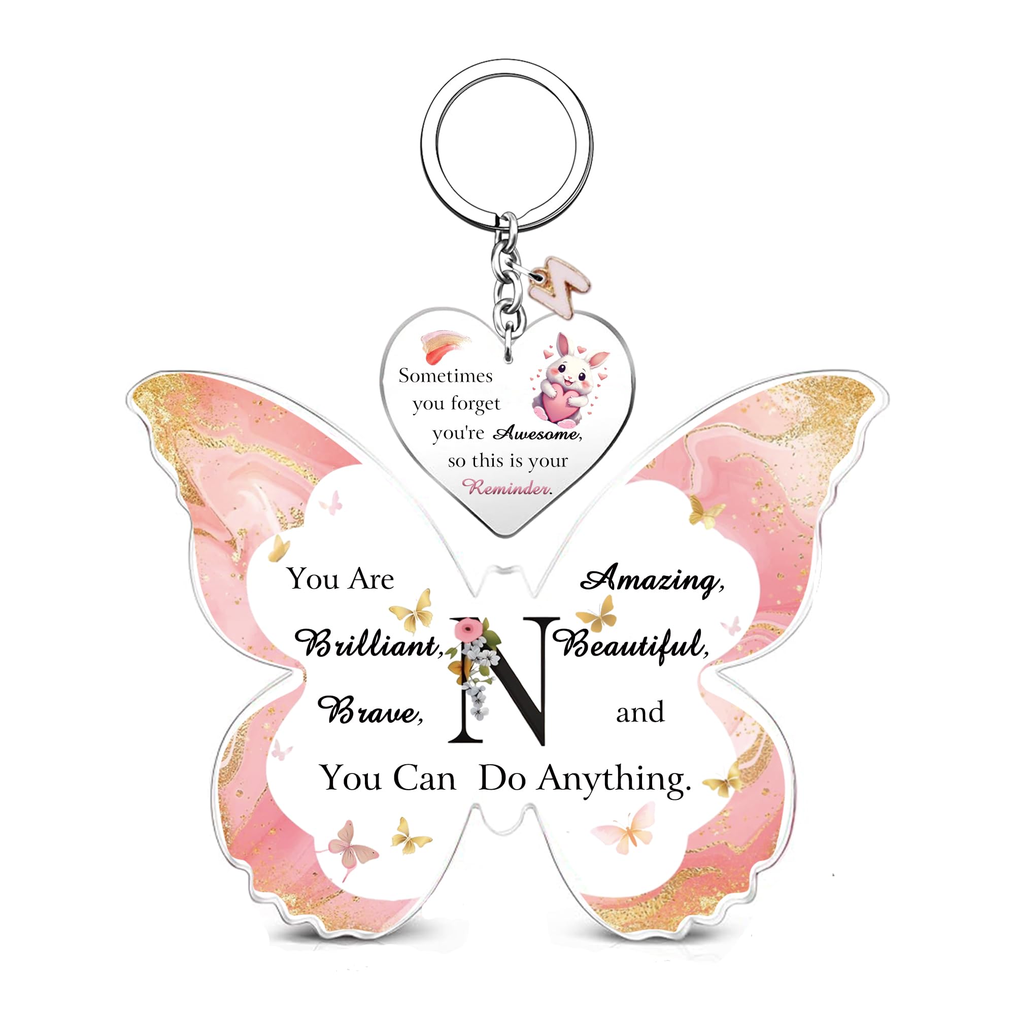 Acrylic Plaque Keychain Set A to Z Initial Letter Inspirational 26 Alphabets Birthday Christmas Gifts Bestie Friend Daughter Keepsake Graduation Keyring Personalised Women Girls Valentine's Sign (N)