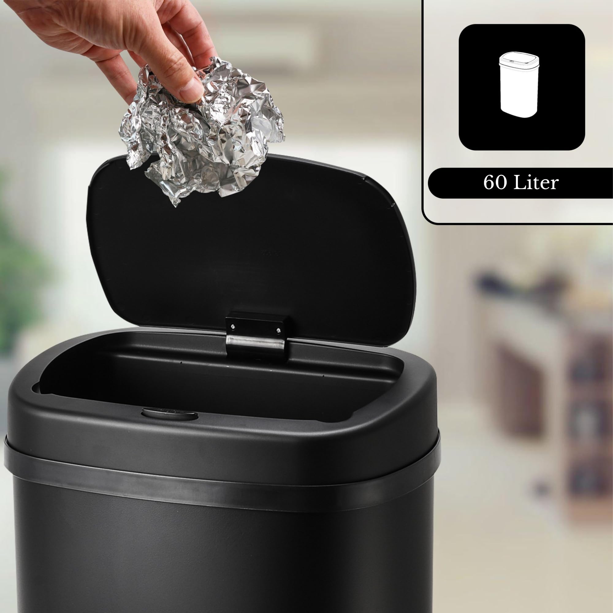 Bayt 60 L Schwarzer Küchenabfalleimer Mit Touch-Deckel – Großer Abfall- Und Müllbehälter Für Recycling | Geruchsdichter Rechteckiger Mülleimer Für Schlafzimmer, Badezimmer Und Büro