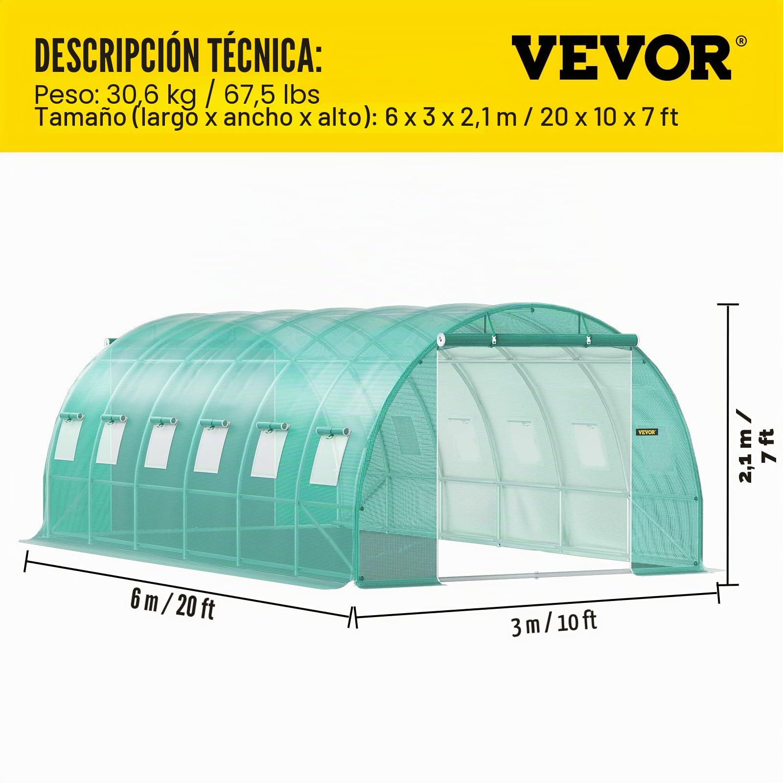 VEVOR Invernadero de Techo arqueado, 6,1 x 3 x 2,1 m, Marco de Acero galvanizado y Lona de Polietileno, túnel de Invernadero, Resistente al Agua y a los Rayos UV, Ideal para el Cultivo de Verduras y