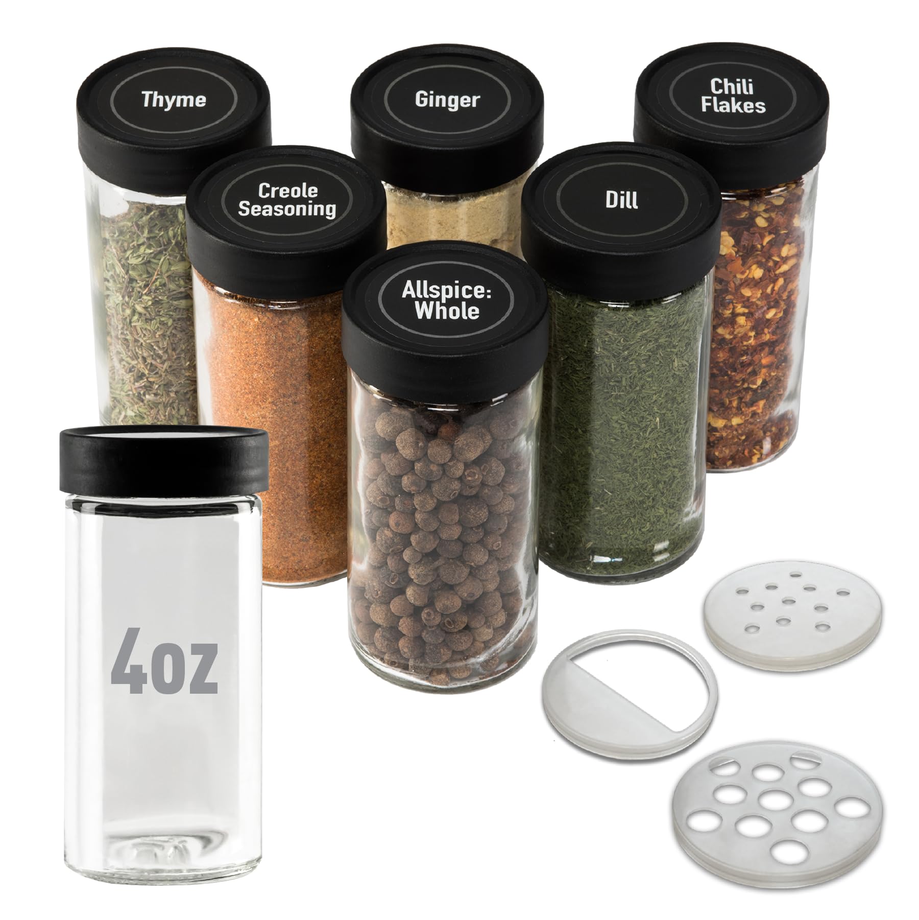 Set 6 Barattoli In Vetro Per Spezie Da 113g – Con Coperchi E 18 Tappi Versatori, 3 Stili (Foro Piccolo, Grande E Raschietto), Come Quelli Di Penzeys