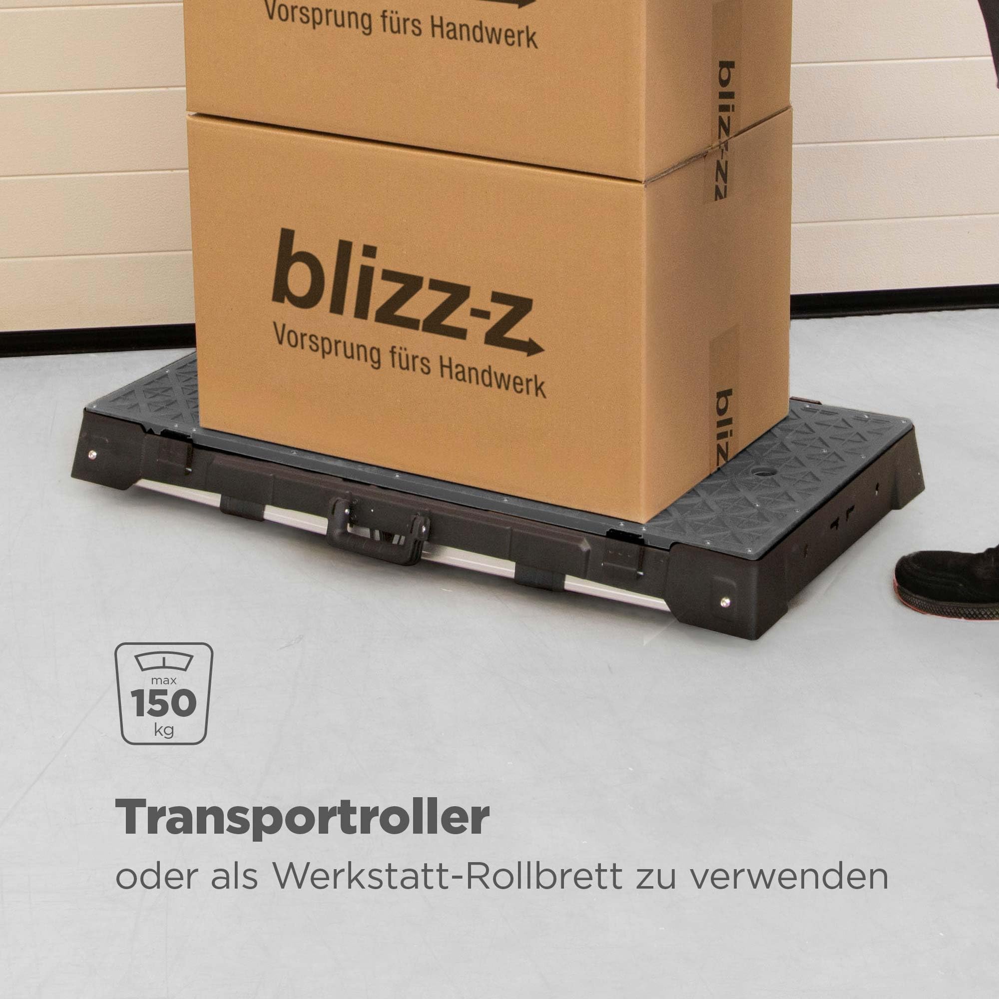 blizz-z 4-in-1 Multifunktions Arbeitstisch Maße 98 x 52 cm | verstellbar klappbar tragbar | universell als Werkbank, Transportroller & Werktisch einsetzbar | für komfortables rückenschonendes Arbeiten
