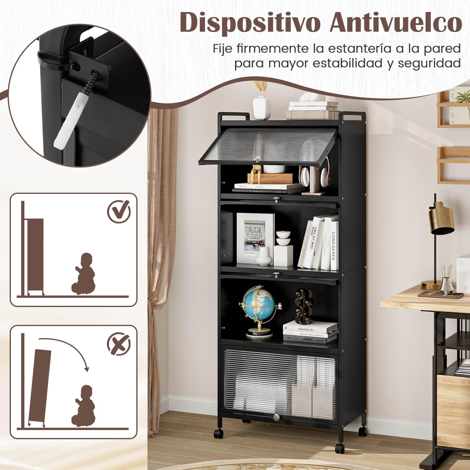 GIANTEX Armario de Cocina de Metal con 4 Compartimentos, 60 x 32 x 154 cm, 4 Puertas Abatibles de PC, Armario de Almacenamiento con 4 Ruedas con Kit Antivuelco, para Cocina, Comedor (Negro)