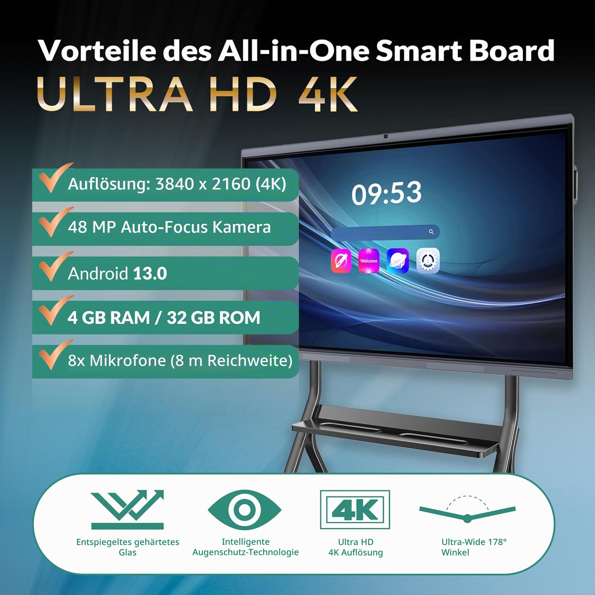 XORO MeetingPad, 65 Zoll interaktives Whiteboard, Smartboard, elektronische Tafel, 4K UHD Touchscreen, Android 13, für Klassenzimmer & Büro, WLAN & LAN, HDMI, USB-C, Kamera, Mikrofon, Lautsprecher