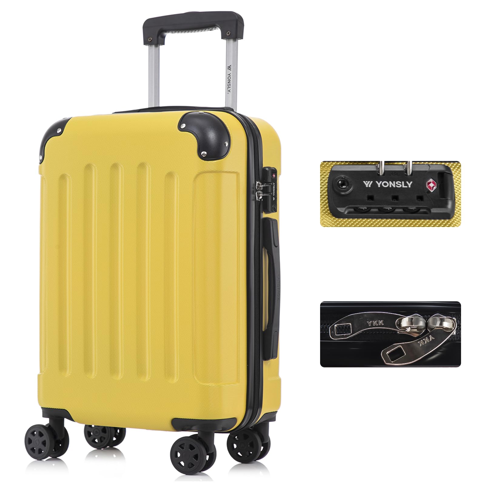 YONSLY Premium Reisekoffer TSA-Schloss,YKK-Reißverschluss Hartschalen-Koffer Trolley Kabinenkoffer Rollkoffer Suitcase Handgepäck 4 Rollen (Gelb, M)