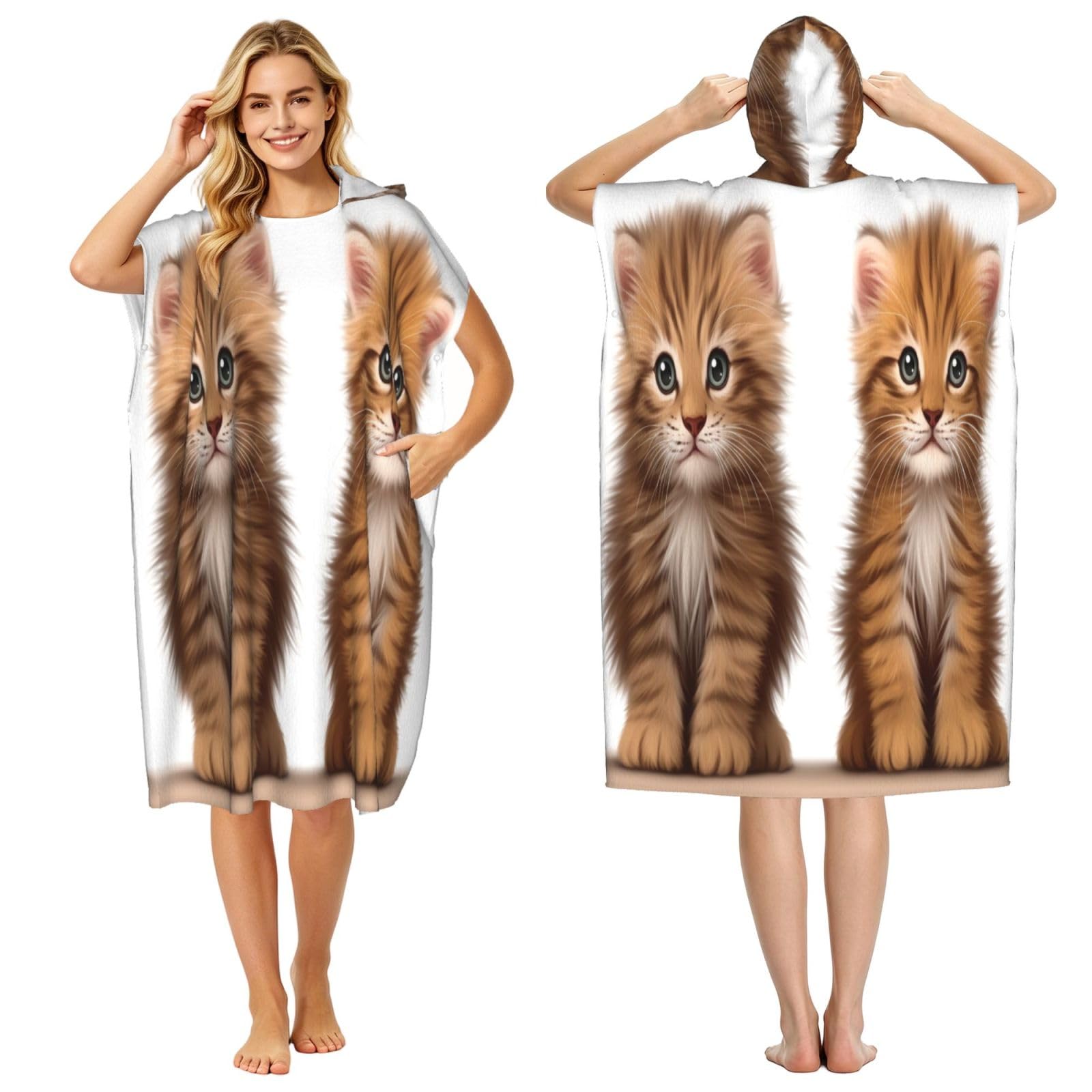 DTHKJNLSF Two Cute Cats Adult Hooded Beach Poncho Towel