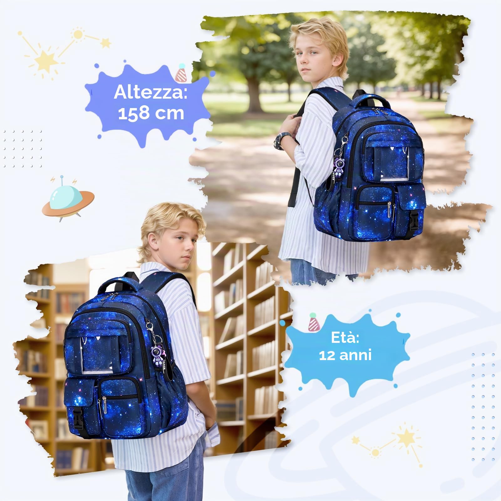 Amythe Zaino Scuola Elementare Bambino Traspirante, 7-12 anni | Zaini per Bambini dalla Prima alla Quinta Elementari, Zaino Ragazzo in Nylon Impermeabile con Ciondolo Astronauta, Blu Navy