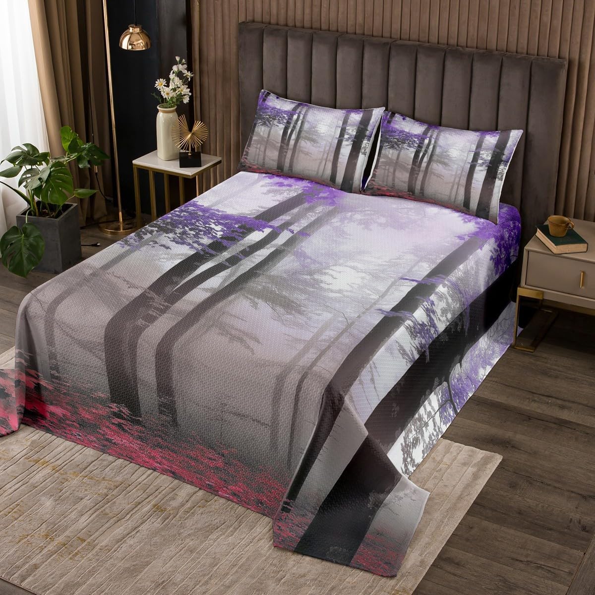 Botanical Quilt Set Smoky Pineforest Twin Bedspread Set | Tropical Birch Trees Coverlet Sets Foggy Jungle Natural Scenery Art Quilted