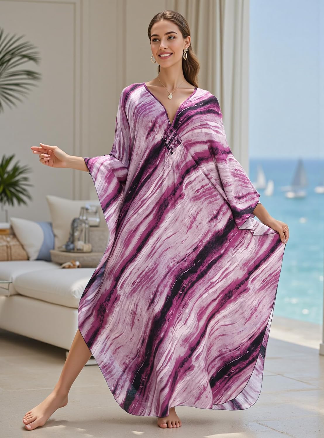 Women's Plus Size Kaftan Dress - Batwing Sleeve Long Beach Cover Up Maxi Dress Swimsuit Cover Loungewear - Image 3