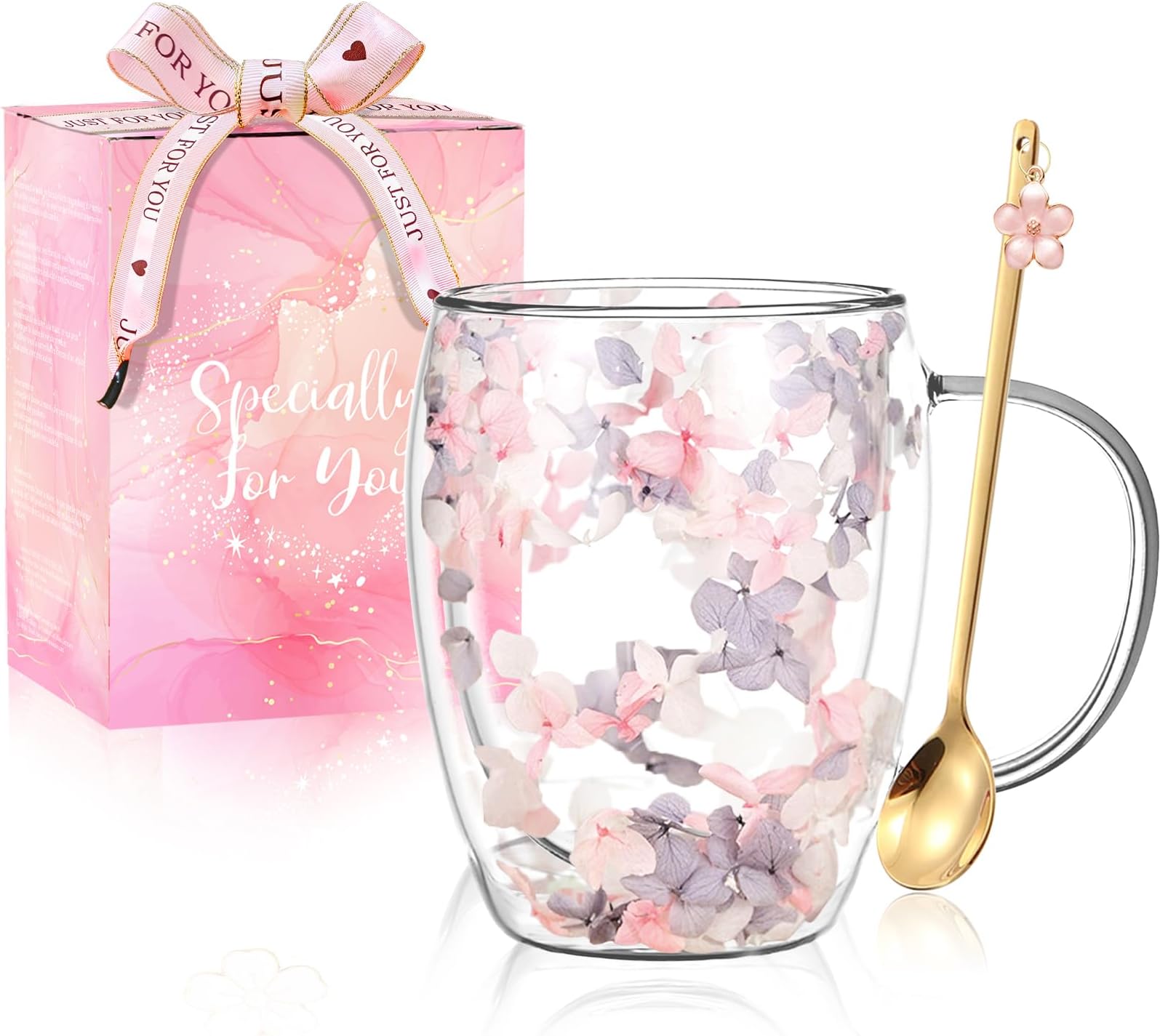 Gifts for Women Dried Flowers Double Wall Glass Coffee Mugs Cute Glass Tea Cups with Handles Christmas Birthday Gifts for Best Friend Teacher Mum Gift New Home Gift Ideas Autumn Mug Home Decor