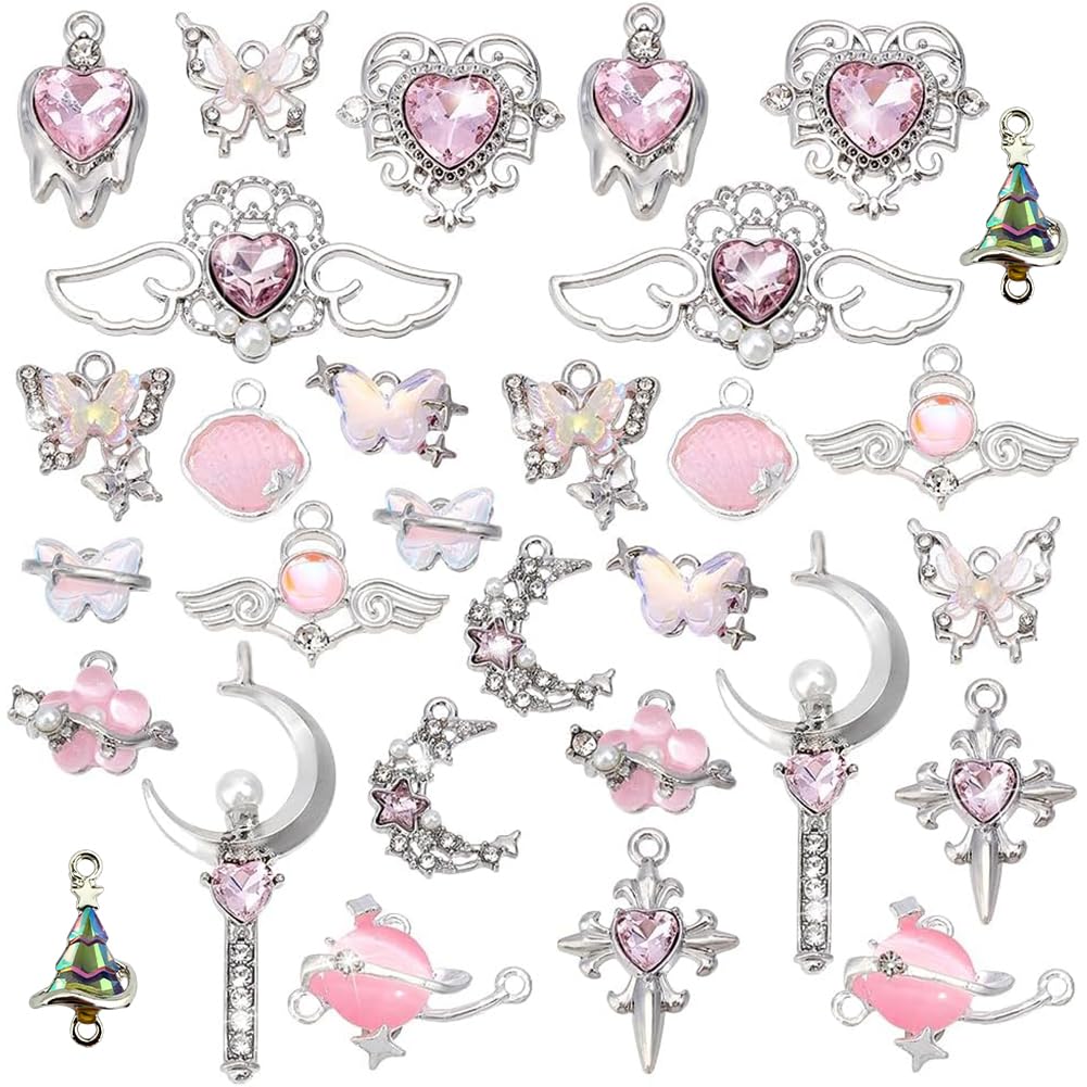 PH PandaHall 30pcs Gothic Charms Pendants Pink Crystal Charms, 15 Styles Butterfly Heart Moon Cross Alloy Pendants for Necklace Bracelet Earring Jewellery Making DIY Crafts