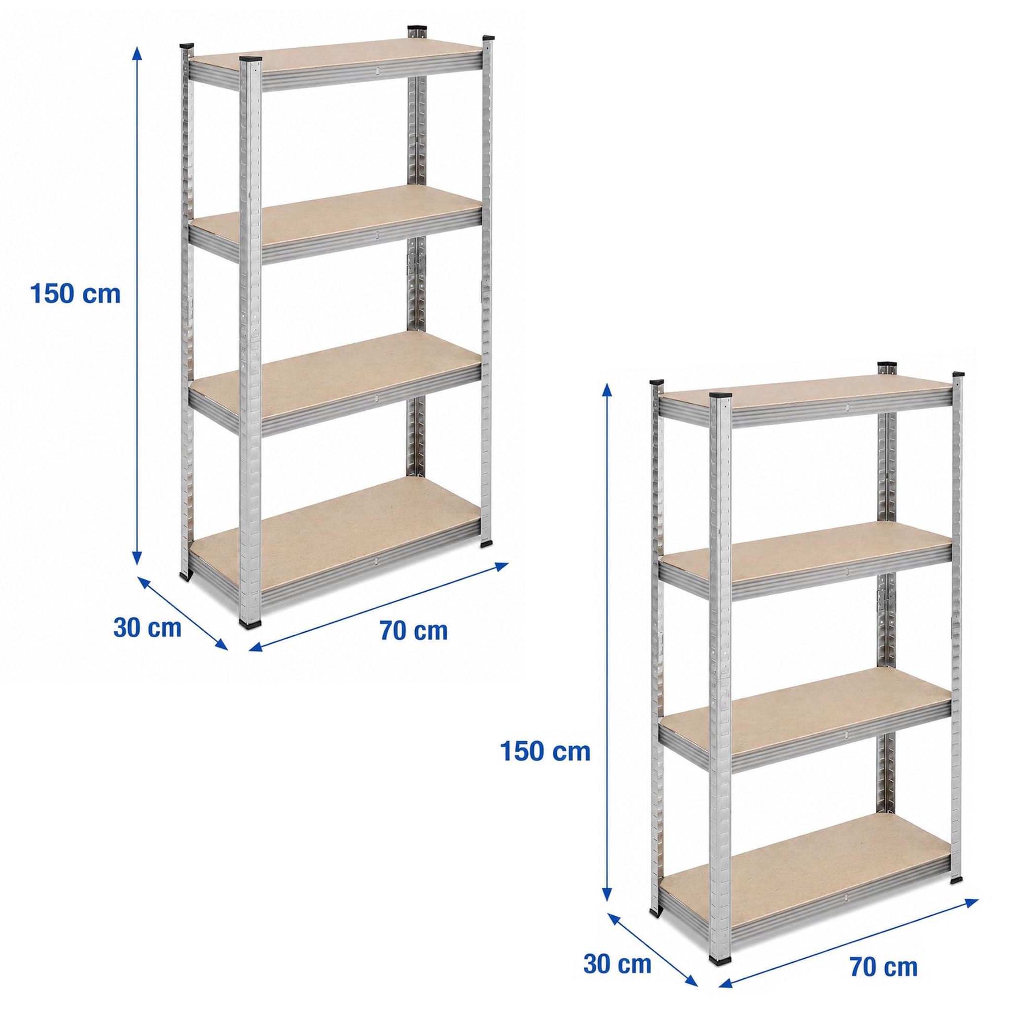 Set 2 Scaffali Metallici 4 Ripiani in MDF 30x70x150 cm – Scaffalatura ad Incastro Senza Viti – Per Garage, Magazzino, Cantina e Deposito