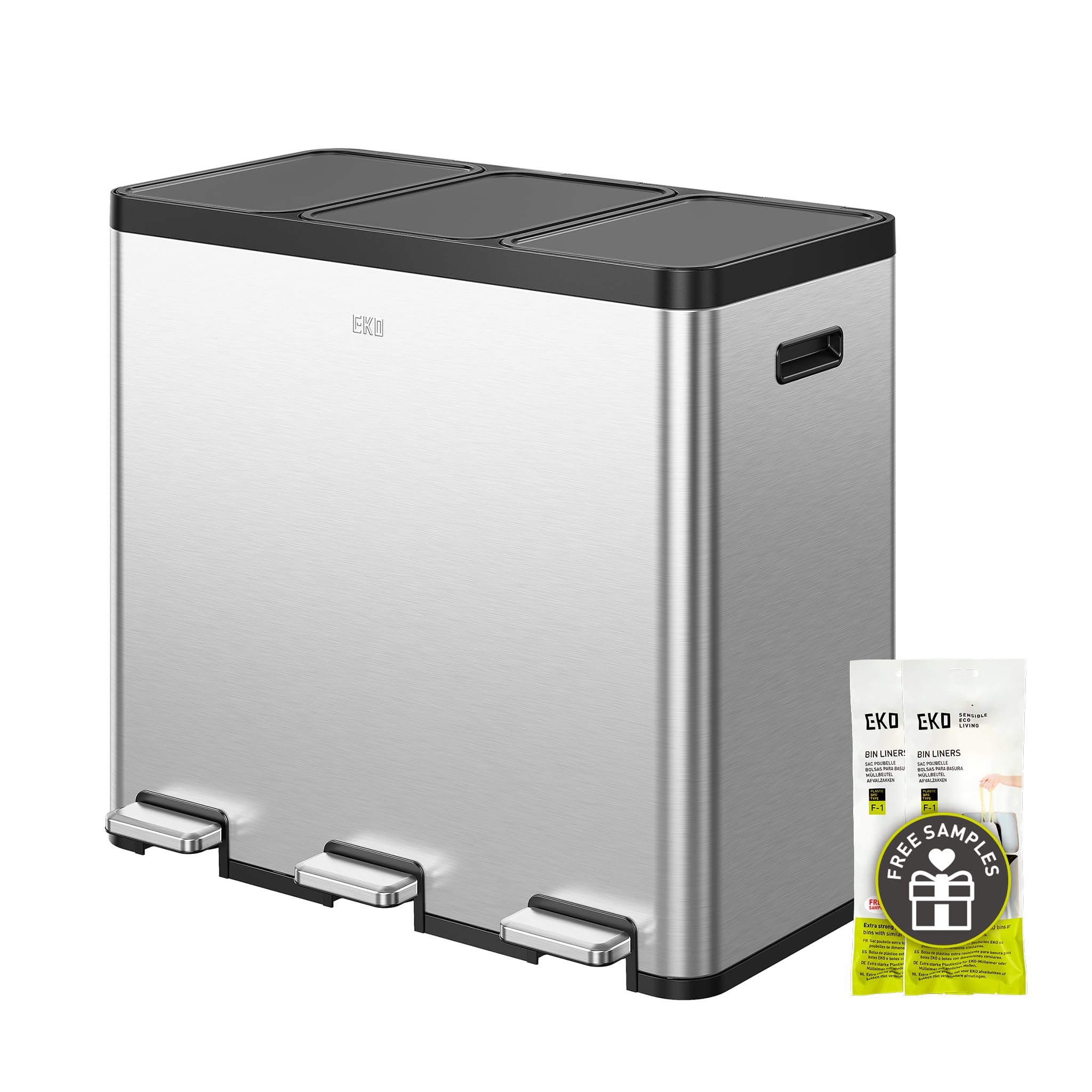EKO Essential 3-Compartment Rubbish Bin, 3 x 20 Litres, Waste Separation System, Kitchen Pedal Bin, Includes 20 Rubbish Bags, Large Capacity Waste Bin with Lid, Soft Close and Airtight, Brushed