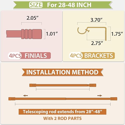 Miniatura 8 de KAMANINA Paquete de 2 barras de cortina de 28 a 48 pulgadas, barras de cortina individuales negras de 34 pulgadas para ventanas, barra de cortina