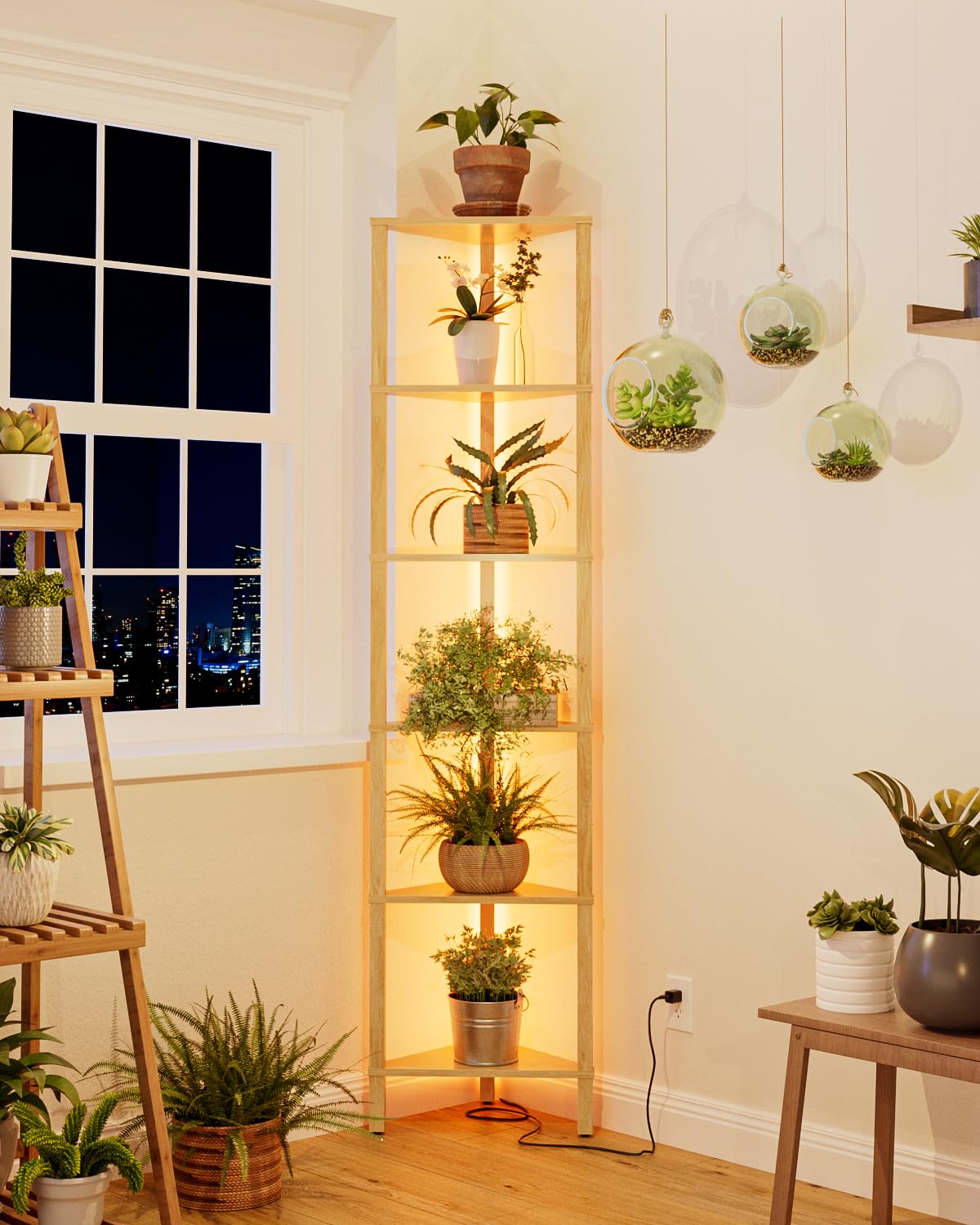 Estantería esquinera de 6 Niveles con luz LED, estantería Triangular de pie, Mueble Organizador Que Ahorra Espacio para salón, Dormitorio, Cocina o baño, Acabado Roble, 37 × 27 × 150 cm