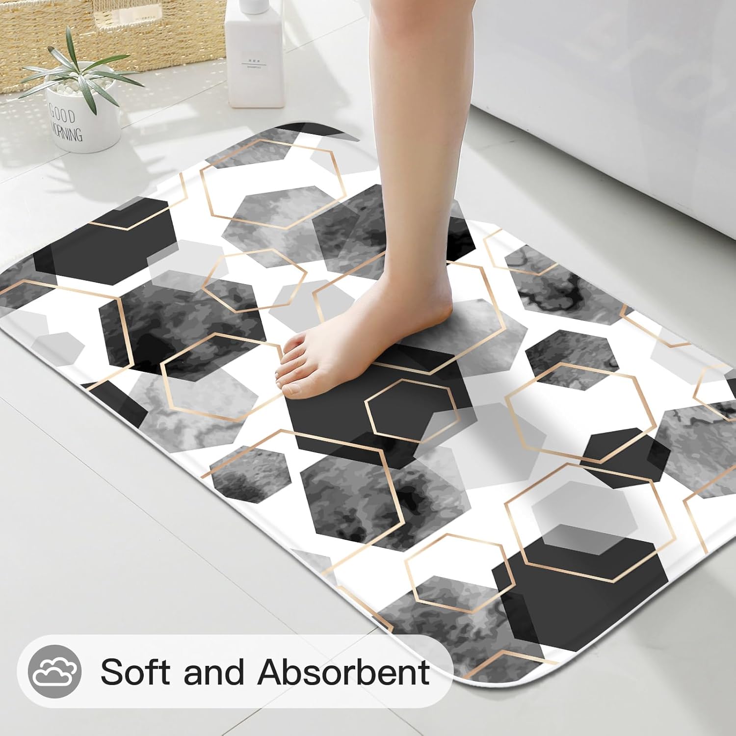 Litabel 4 Pcs Black and Grey Modern Geometric Shower Curtain Set with Non-Slip Rugs, Toilet Lid Cover and Bath Mat, Abstract Bathroom Decor Set with Shower Curtain and Rugs