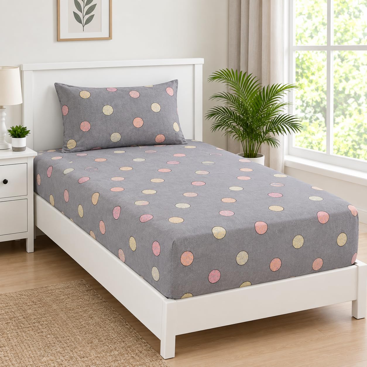 Trance Home: Ginkgo Leaves Grey White Cotton Fitted Sheet Set -10