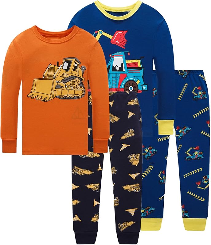 Boys 4 Pieces Cotton Pajamas Toddlers Long Sleeve 24M-12Years | Soft Sleepwear Sets With Truck ，Dinosaur，Space， UFO ，Shark Prints For Kids