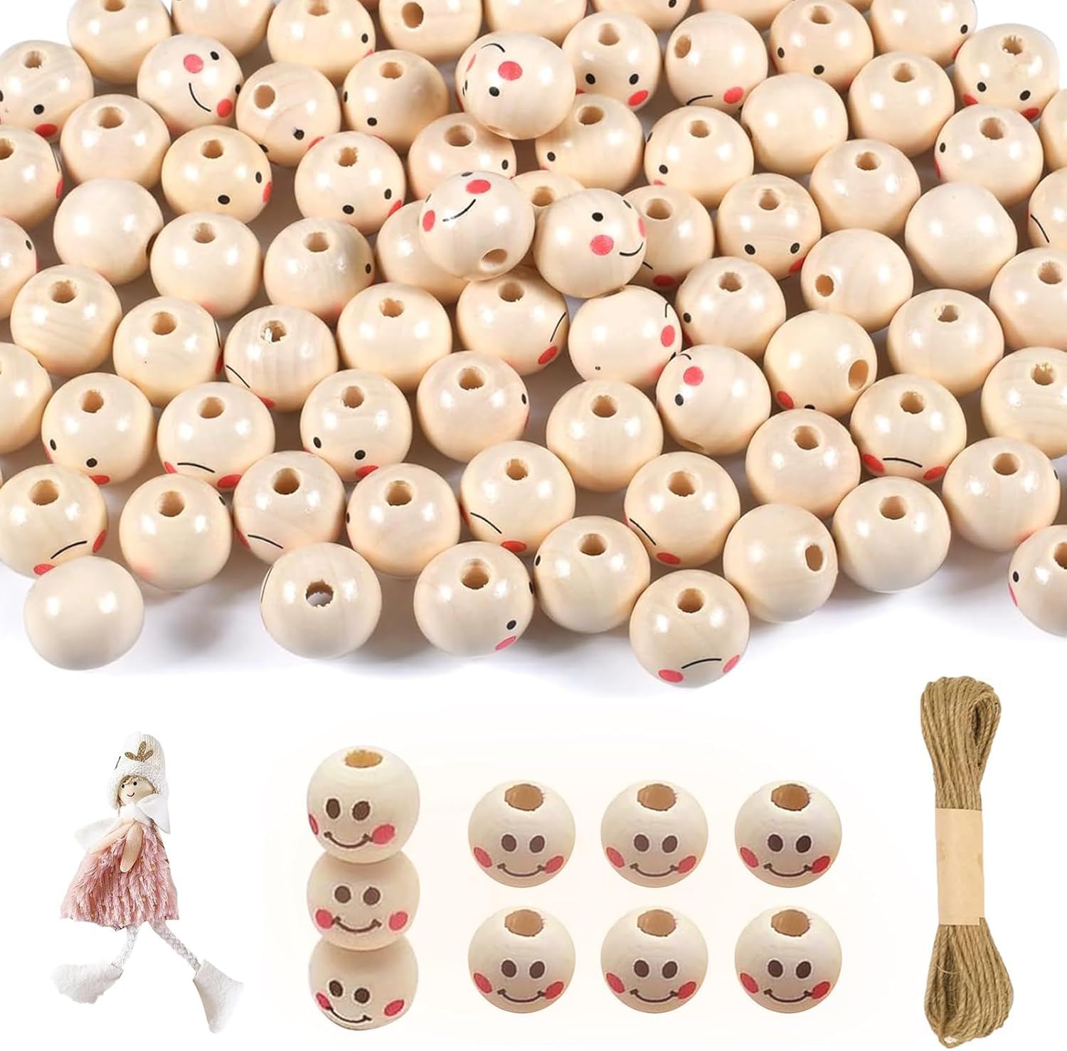 Whaline 240 Stück Rustikale Holzperlen + Hanfseil – Natürliche Runde Perlen (16 Mm) Für DIY Schmuck & Deko