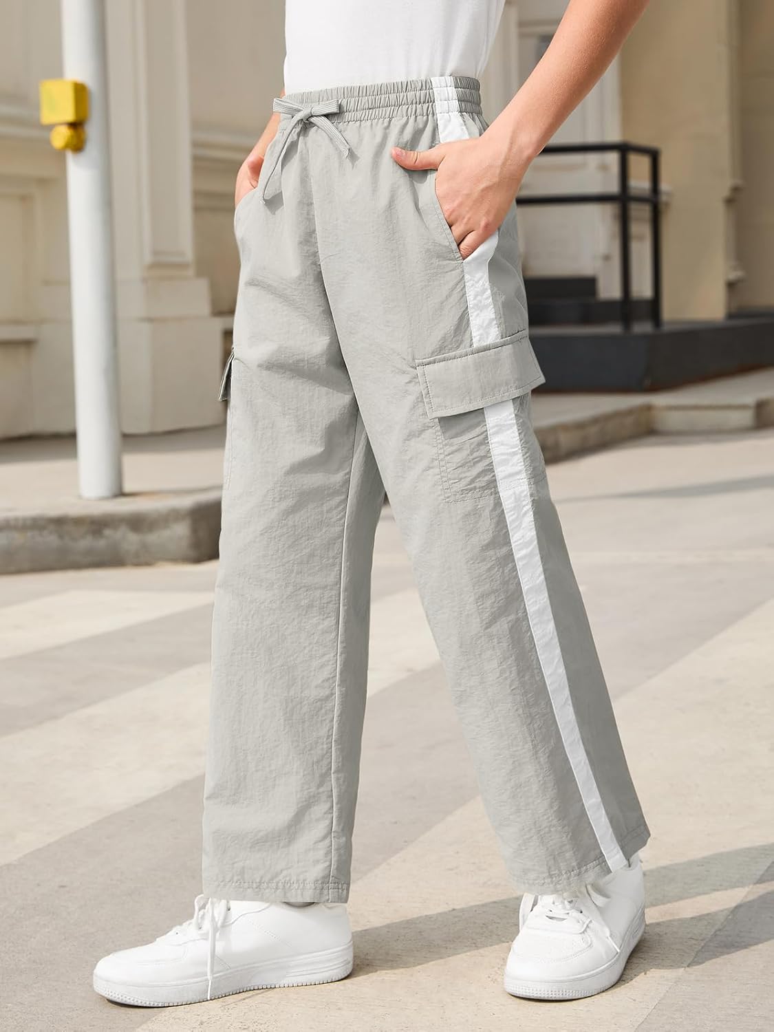 Haloumoning Boys Wide Leg Cargo Pants Kids Striped Elastic Waist Parachute Trousers with Pockets 5-14 Years - Image 3