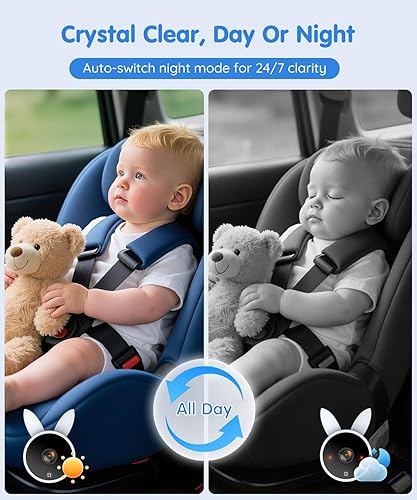 Miniatura 3 de Babyvue BV4 Cámara de coche para bebé de 7 pulgadas, pantalla IPS 1080P HD con visión nocturna IR, cámara de asiento trasero Plug & Play alimentada