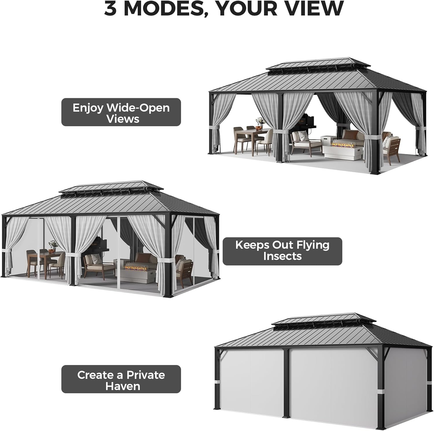IRONCK 20'x12' Hardtop Gazebo, Update Aluminum Frame Gazebo with Galvanized Steel Double Roof, Outdoor Pergola with Curtain and Net, Backyard Canopy for Garden, Deck, Gray and Black