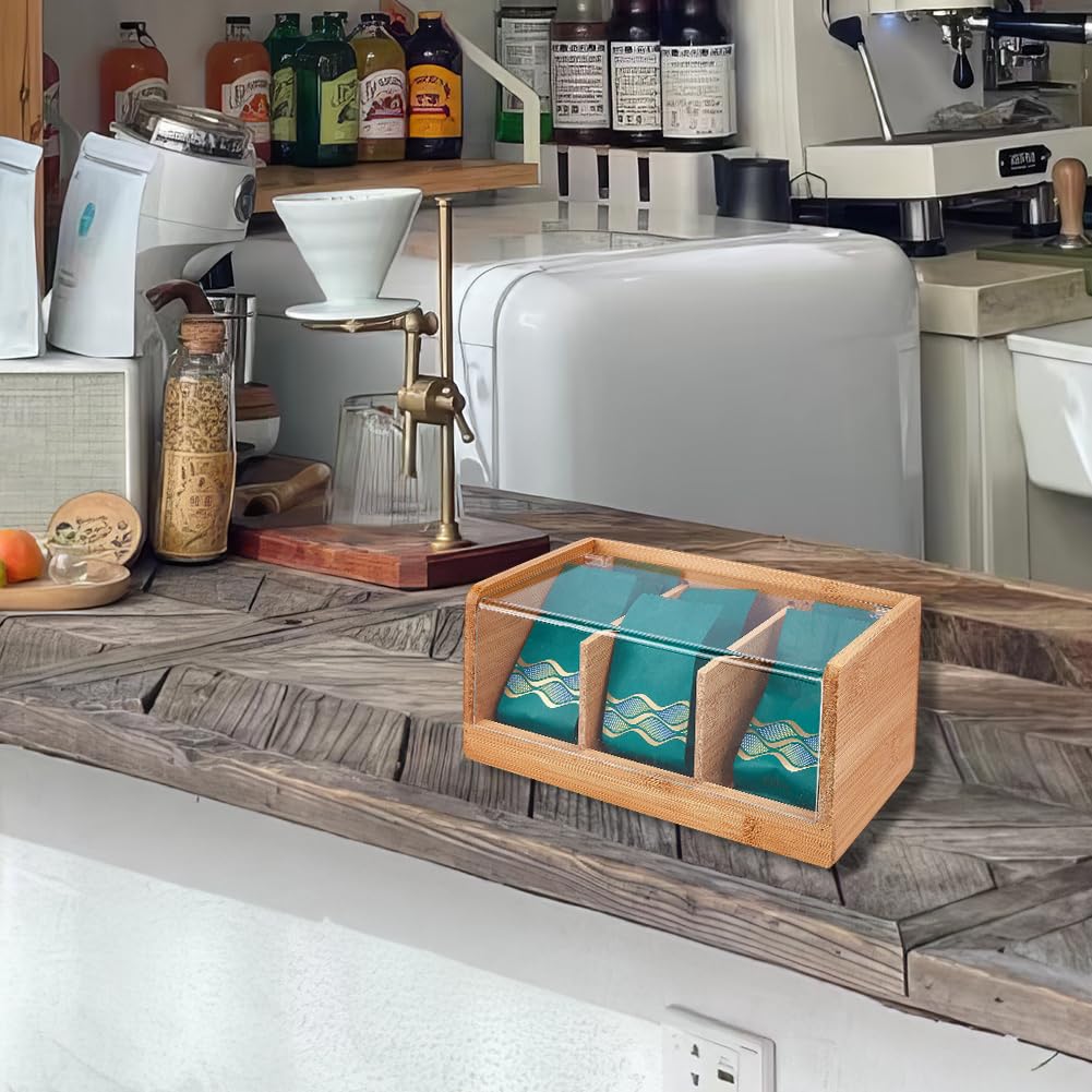 OLYCRAFT Organizzatore per Bustine di Tè 3 scomparto Scatola Portaoggetti In Bambù con Coperchio Trasparente In Acrilico Organizzatori per Tè Bustine di Caffè Zucchero Piano Lavoro Della Cucina