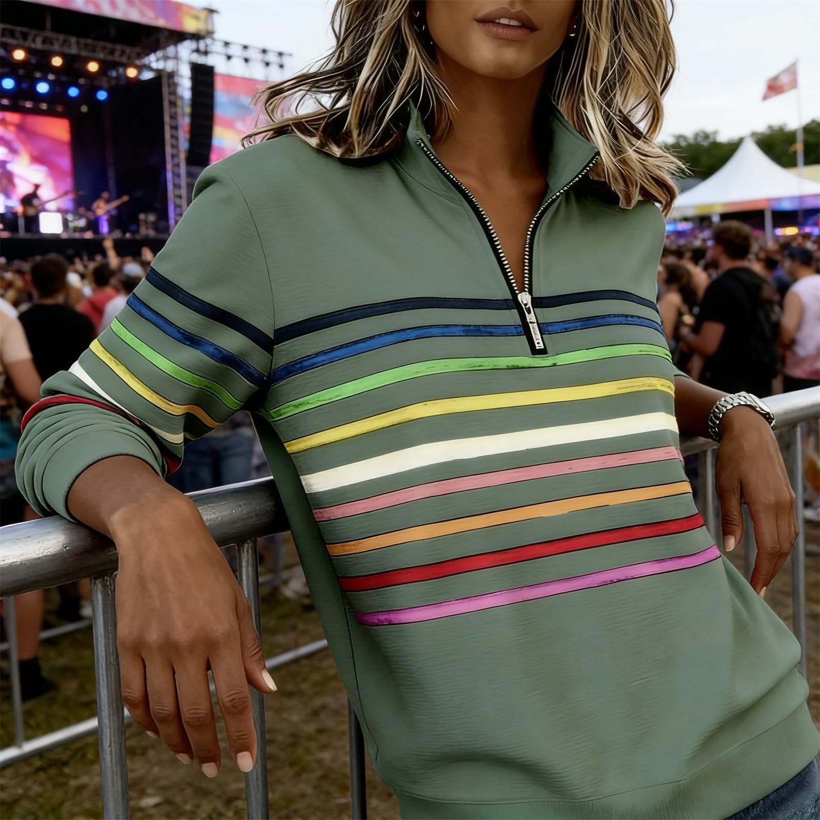 2026 Pull à rayures arc-en-ciel à la mode avec col demi-fermeture éclair pour femme