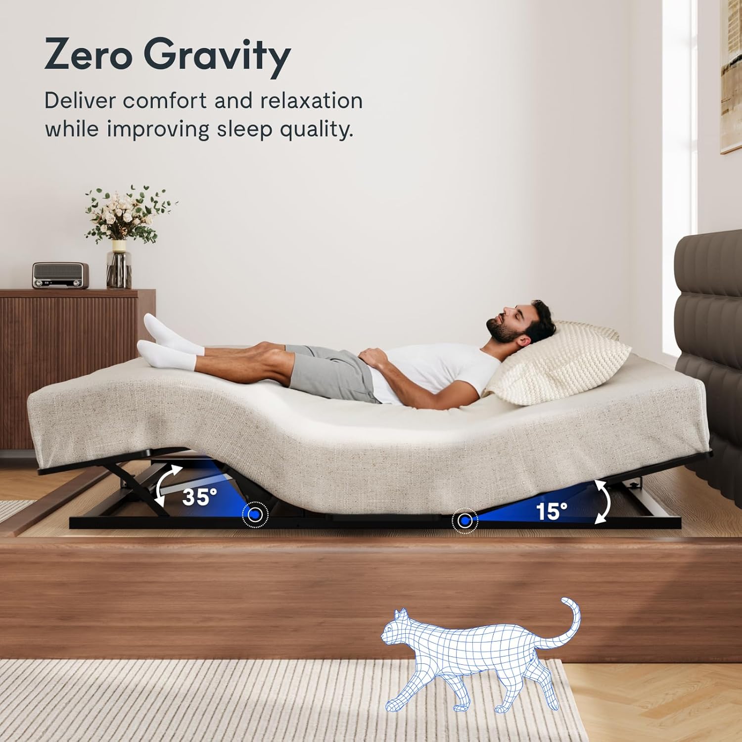 A person lying on the FLEXISPOT S3K-Lite adjustable bed in the Zero Gravity position, with head elevated 35 degrees and feet elevated 15 degrees, designed to reduce pressure.