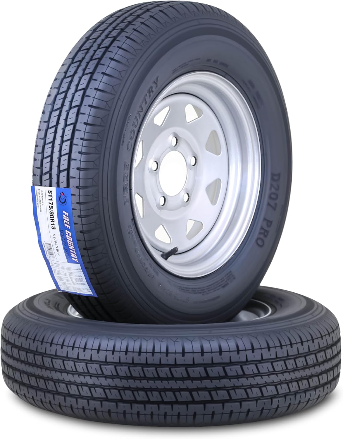 Free Country Trailer Tire Wheel Assembly ST175/80R13 8-Ply D 97N 5 Lug on 4.5" PCD Silver Spoke Rim,SET 2