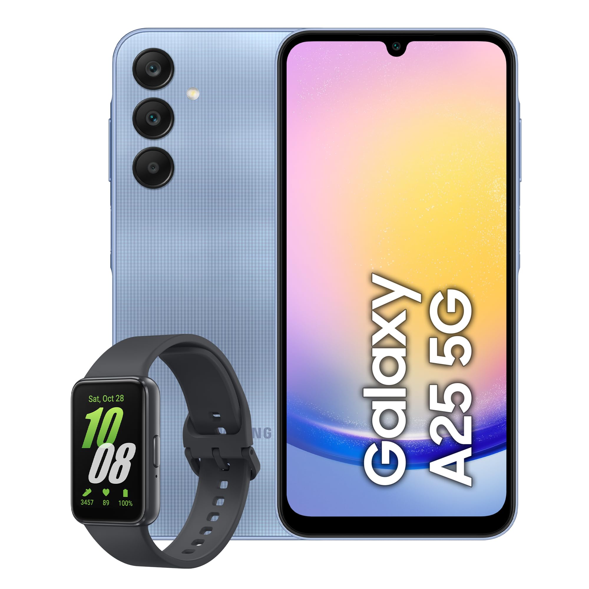 samsung galaxy a25 5g con display super amoled 6.5 pollici e galaxy fit3 grigio