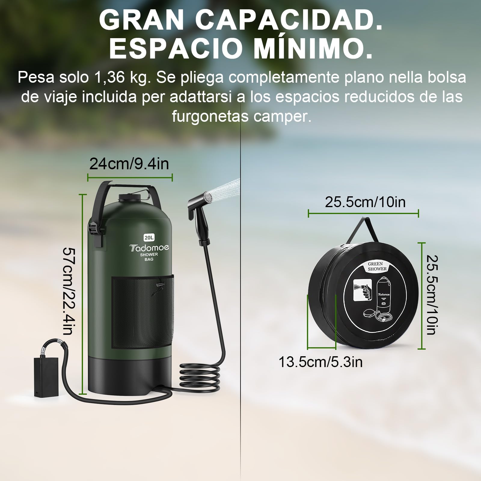 20L Ducha Camper Portatil con 2000mAh Bomba y Manguera de 2m, Bolsa Ducha Camping con Bolsa de Transporte y Cabezal - Ducha Portátil para Camping, Senderismo, Playa, Perros y Jardín