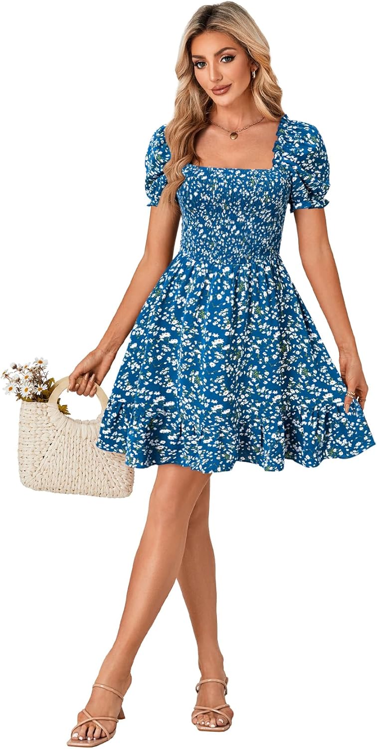 Rooscier Women's Summer Boho Floral Print Square Neck Smocked Ruffle Casual Sundress Mini Dress
