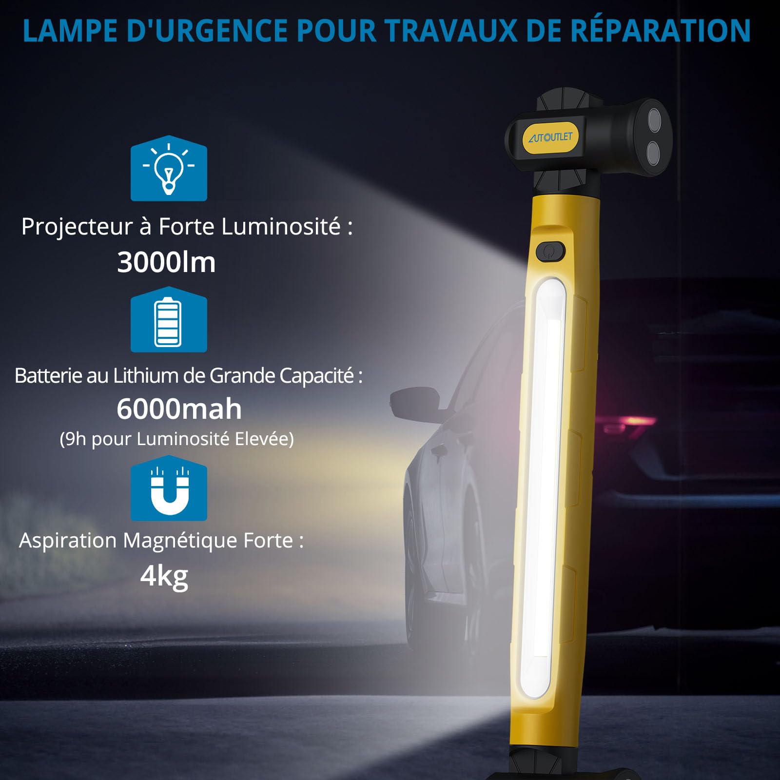 AUTOUTLET Lampe de travail LED rechargeable 6000 mAh véritable 3000 lm lampe d'atelier avec aimant crochet 360° 3 modes rotation 180° pour camping, garage, atelier