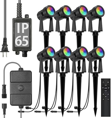 SUNTHIN Iluminación de paisaje al aire libre con control remoto, focos de punto que cambian de color RGBW, paquete de 8 unidades