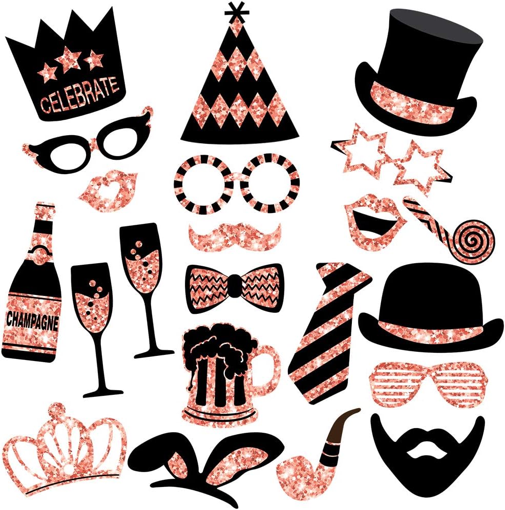 Rose Gold Photo Booth Props (No Glitter) - Mix of Hats, Lips, Mustaches, Crowns and More (22 pcs) - Durable and Vibrant - Perfect for Birthday Parties, Weddings and More