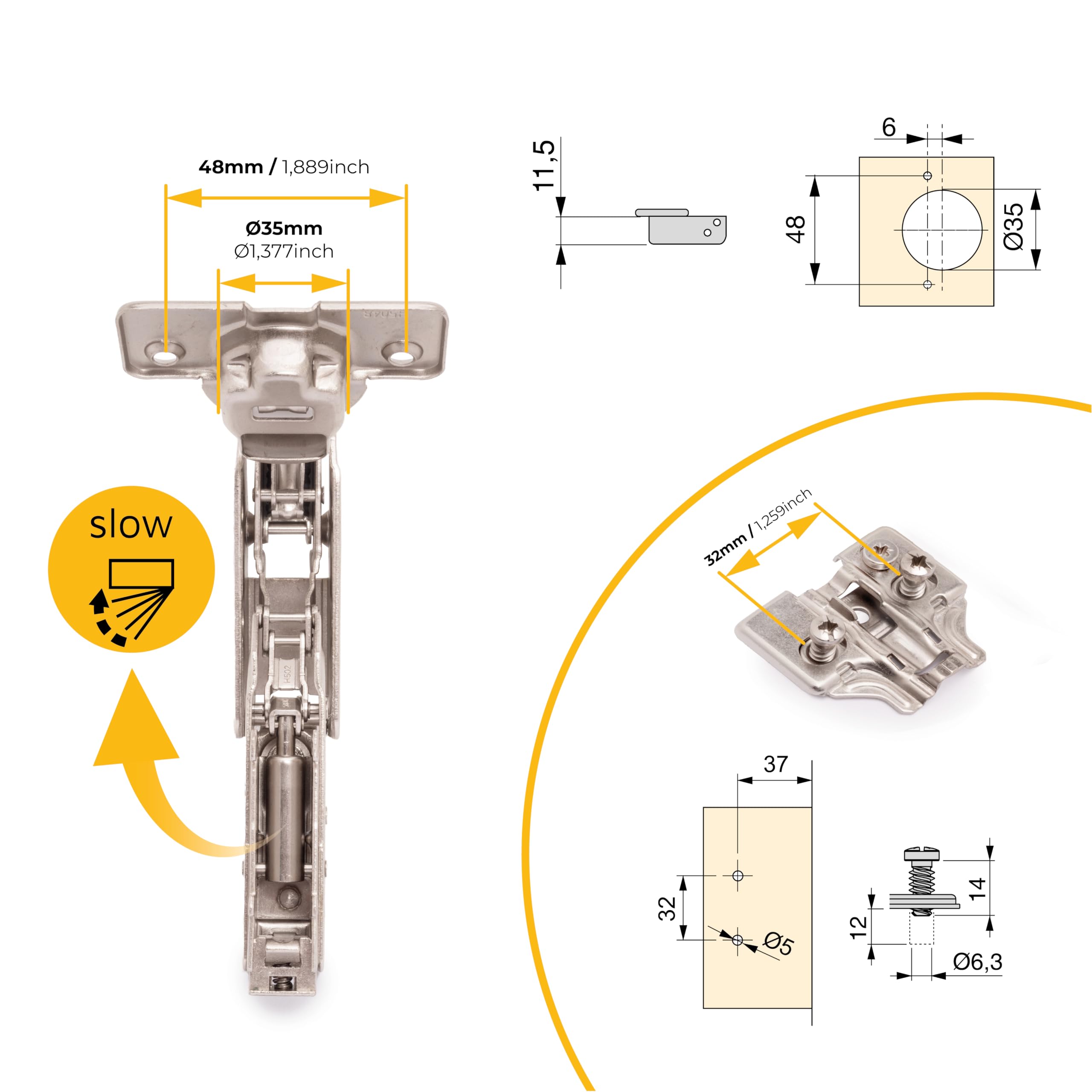 Emuca 1013107 Pack aus 10 Topfscharnieren Ø35mm 165° mit sanftem Verschluss für sich halb überlappende Türen und Euro-Zusätze zum Festschrauben mit Verbindergehäuse