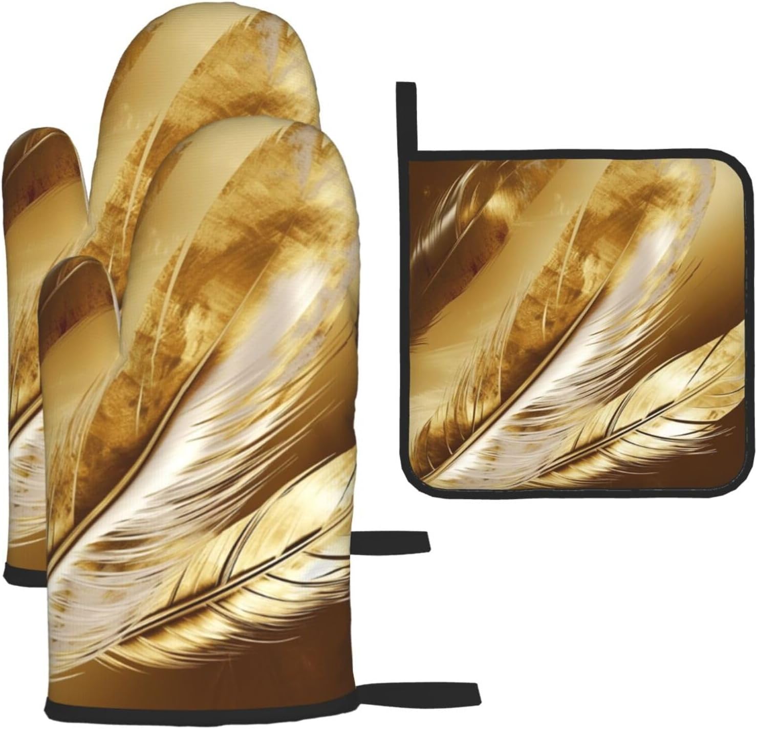 Kururi Golden Feathers Printed Oven Mitts and Pot Holders Sets Heat Resistant Non-Slip Oven Gloves Kitchen Mitts 3pcs for Kitchen Cooking Baking BBQ