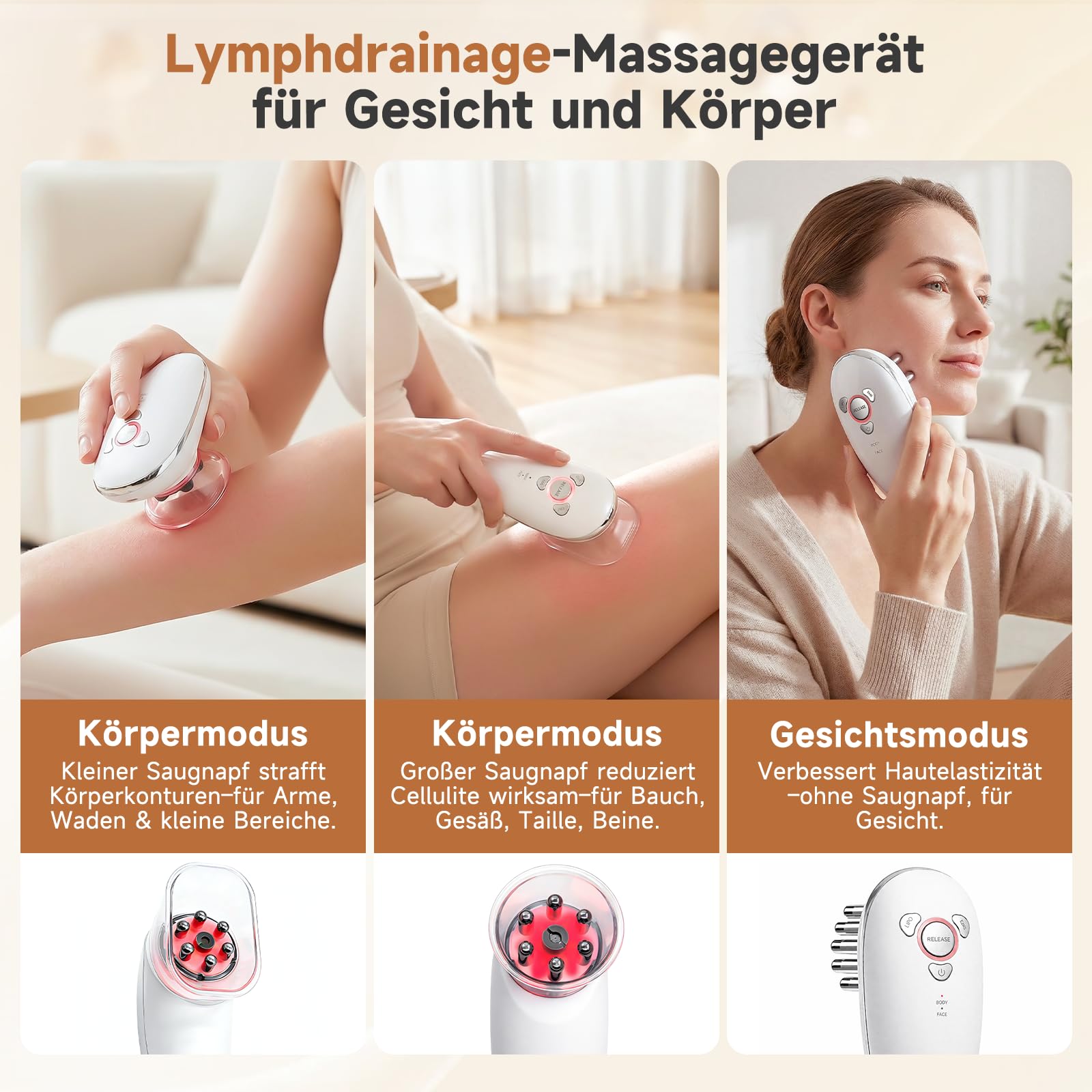 3 in1 Schröpfmassagegerät Elektrisch mit EMS & Rotlicht, Tragbarer Massage Gun für Lymphstimulierende Massage und Körpermodellierung - Für Gesicht, Bauch, Beine, Po zur Straffung und Entspannung