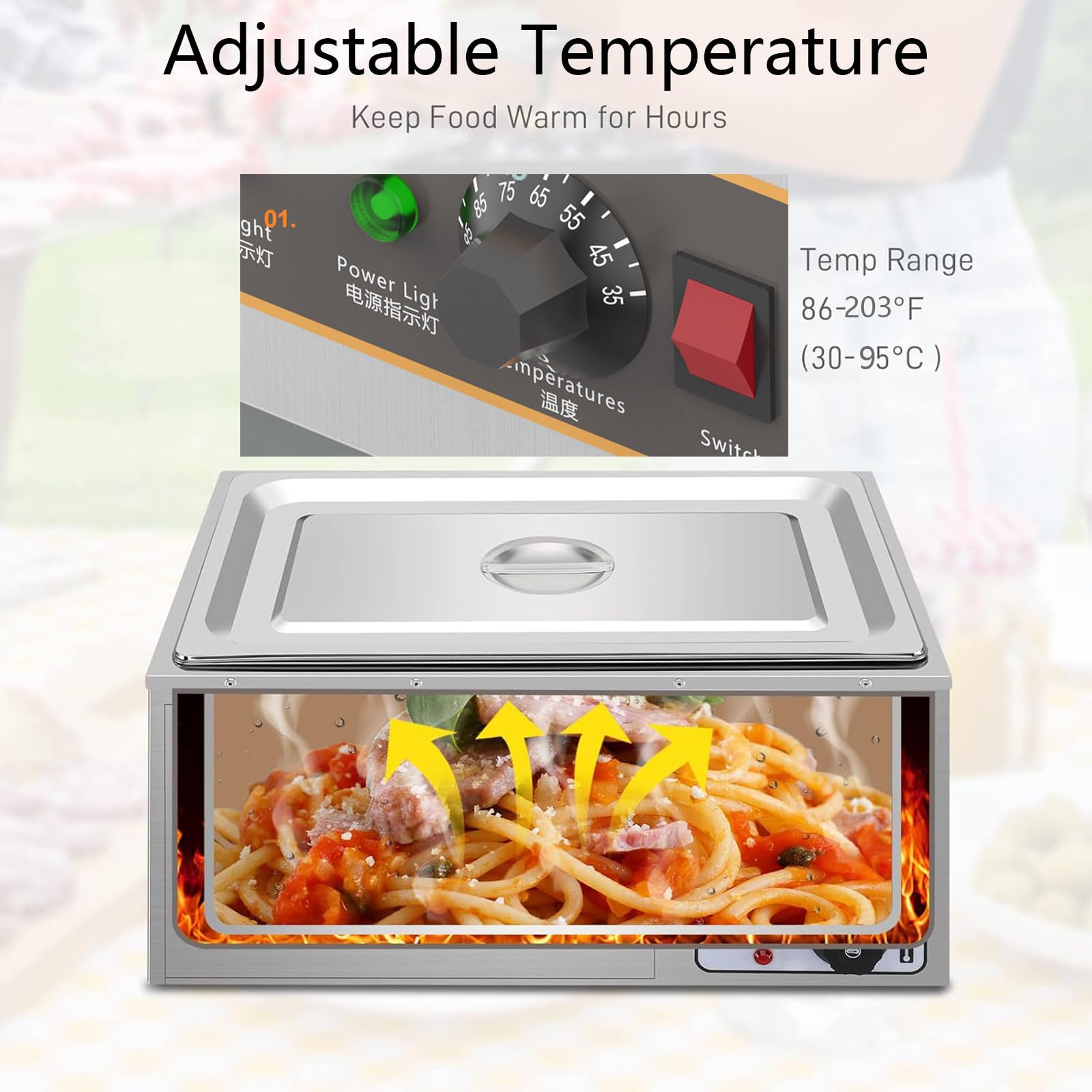 Calentador de Alimentos Comercial, Mesa de Vapor Eléctrica de 1000 W con Temperatura Ajustable, Equipo de Buffet Profesional de Acero Inoxidable, para Restaurante de Catering,C