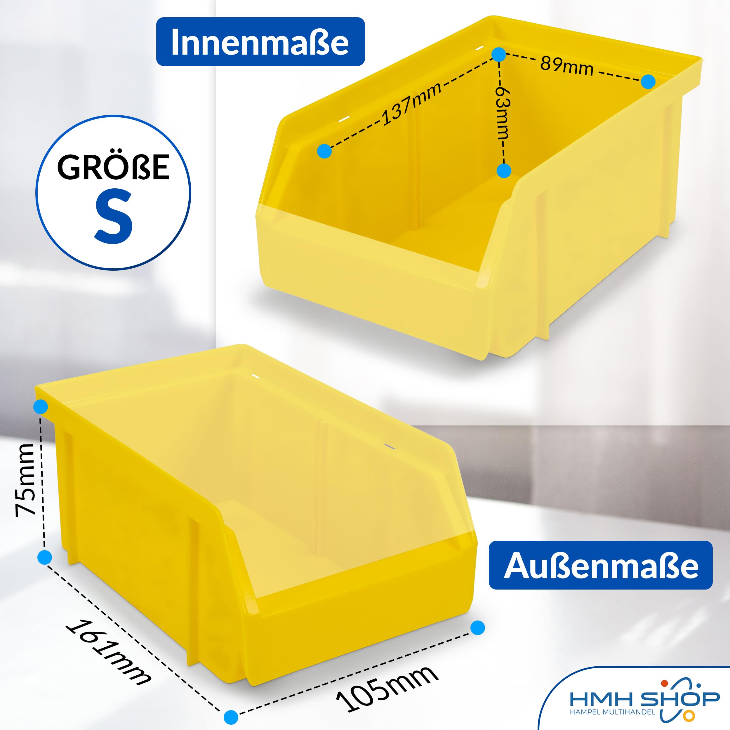 HMH Sichtlagerkästen Stapelboxen Größe S 161x105x75mm 5 Farben Gelb 36 Stück