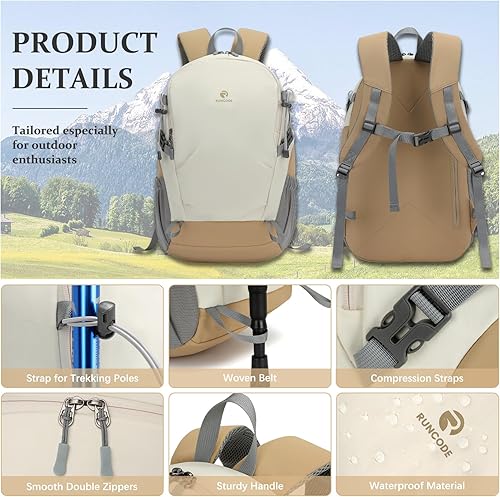 Miniatura 5 de Mochila de senderismo para hombres y mujeres, mochila de viaje ligera de 25 litros para acampar al aire libre, Blanco y marrón, Mochilas Daypack