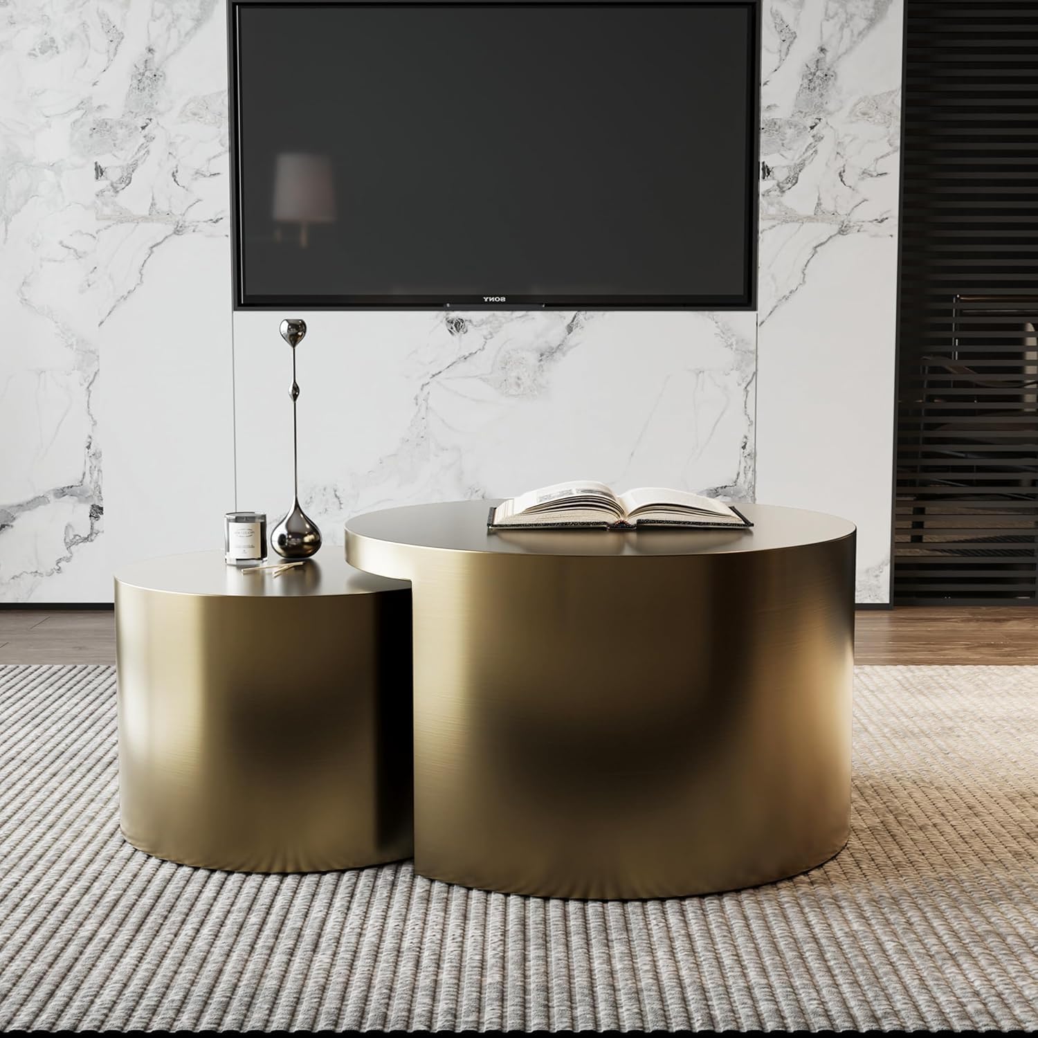 Nesting Coffee Table, Brushed Gold Coffee Table for Living Room, Brass Round Coffee Tables 2 in 1