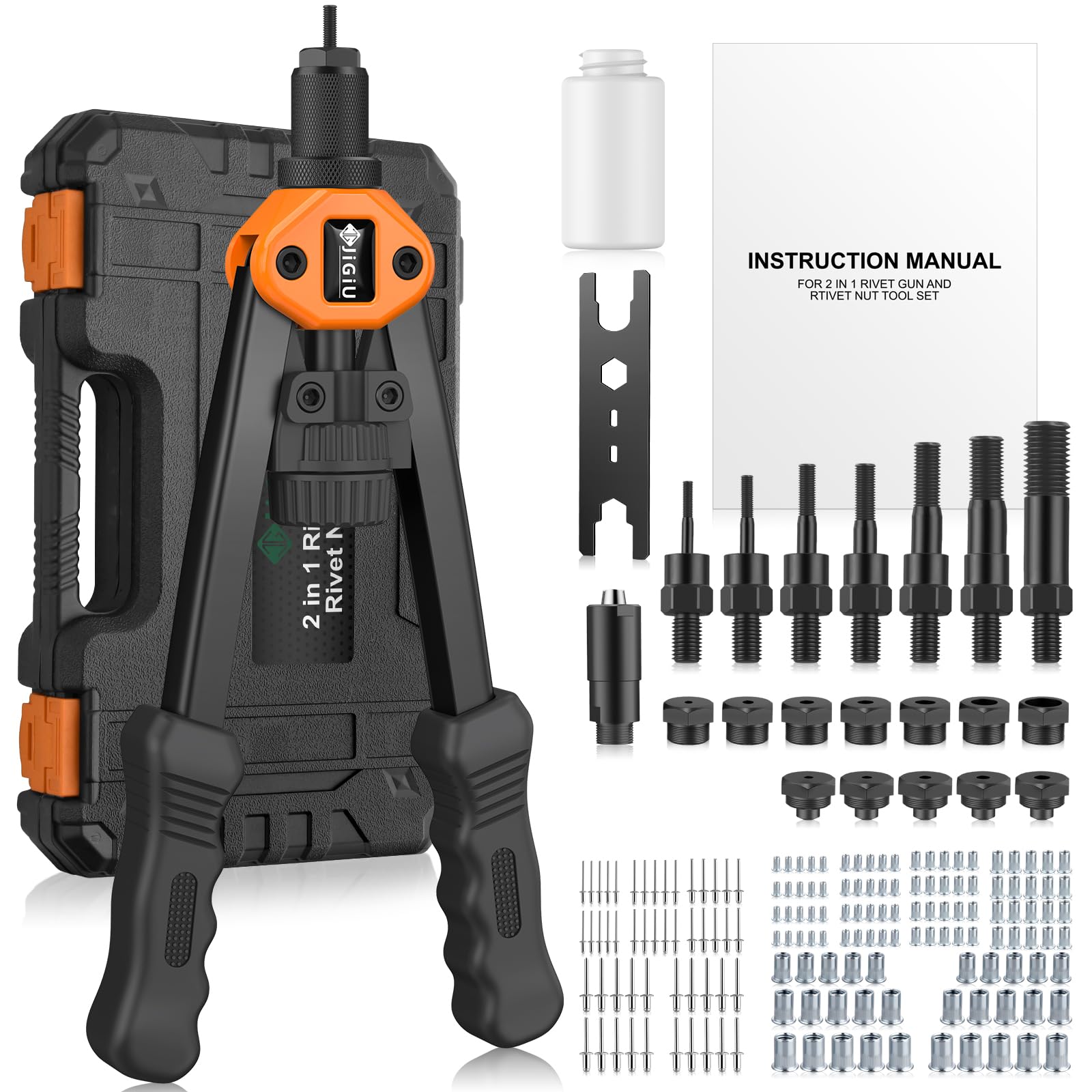 JiGiU Rivettatrice Professionale 2 in 1 per Inserti Filettati-7pz Mandrini Metrici 110 Dadi 5 Diverse Misure Doppio Manico di Rivettatrici-50 pz Rivetti per Lavori Edili-Nero Arancione