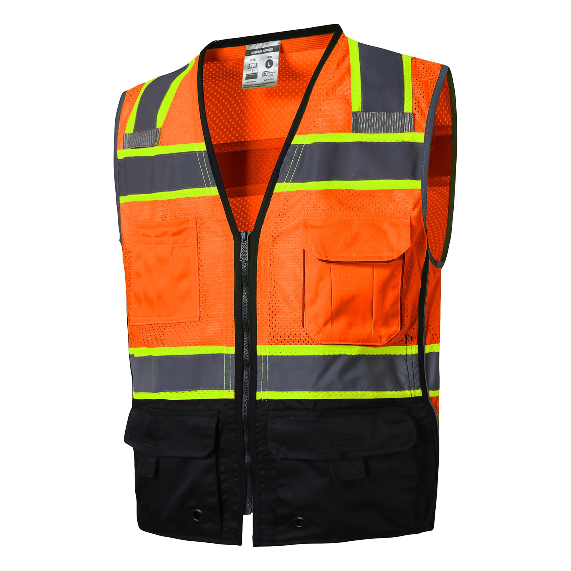 SKSAFETY 10 Pockets Professional level Safety Vest, Class 2 High Visibility Security Vest with Zipper, Hi Vis Vest with Reflective Strips, ANSI/ISEA